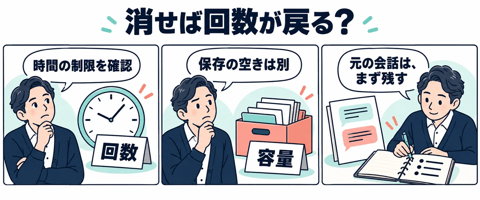 時計の回数制限と箱の保存容量を分け、会話を消す前に表示を確認する架空の漫画