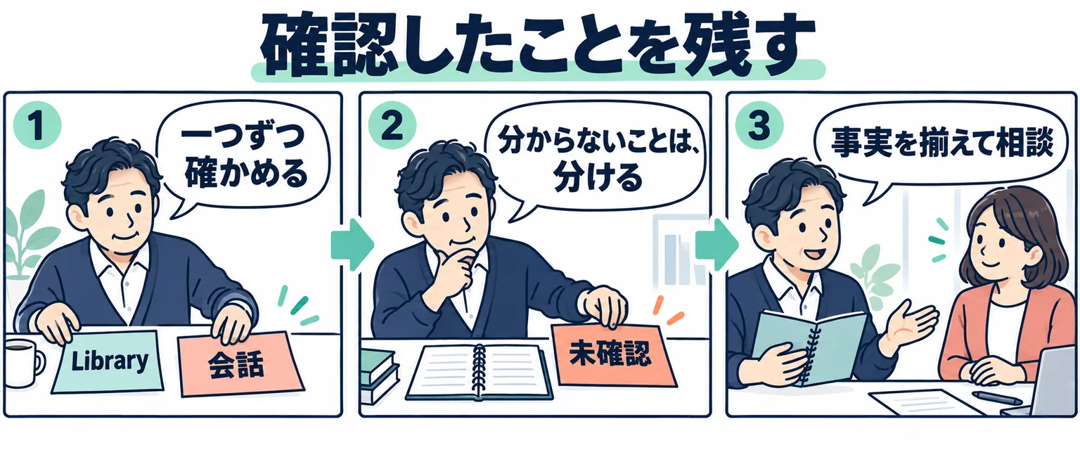 Library・会話・共有資料の確認結果を一つずつ残し、未確認を断定しない架空の漫画