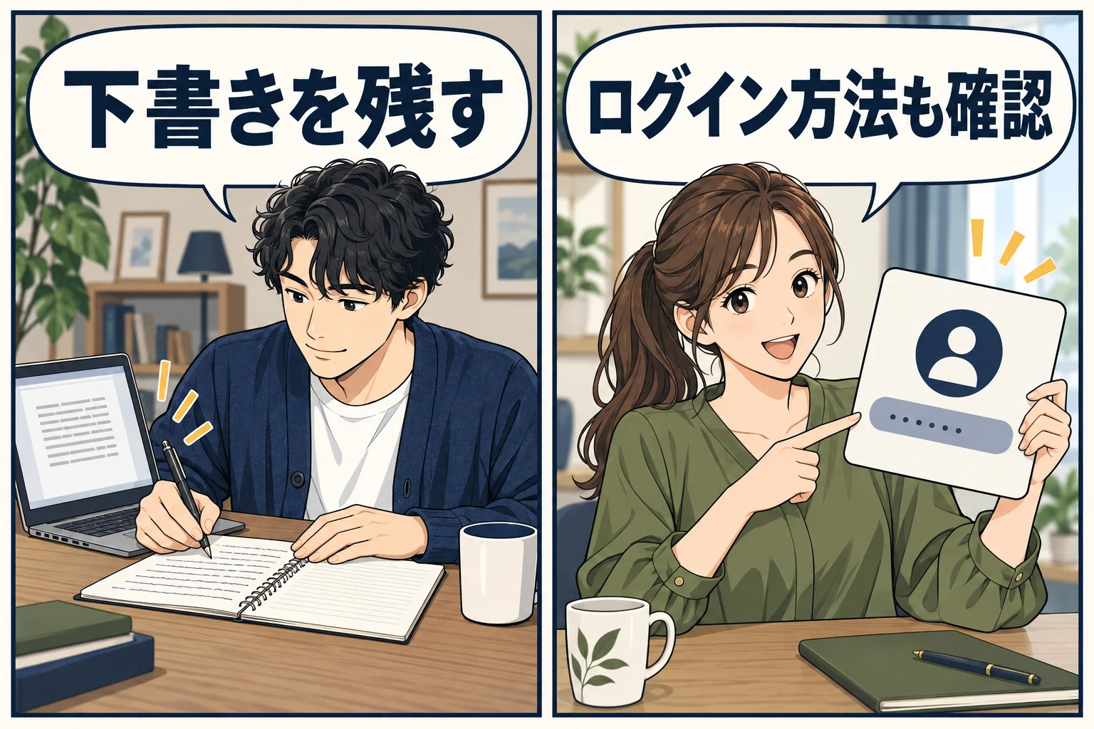 送信前の文章を手元へ残し、使ったログイン方法を確認する架空の漫画