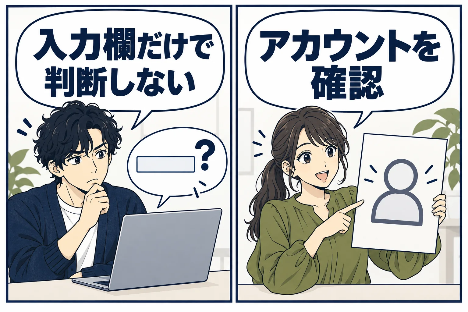 入力欄だけで判断せず、アカウントの表示とログイン案内を確かめる架空の漫画