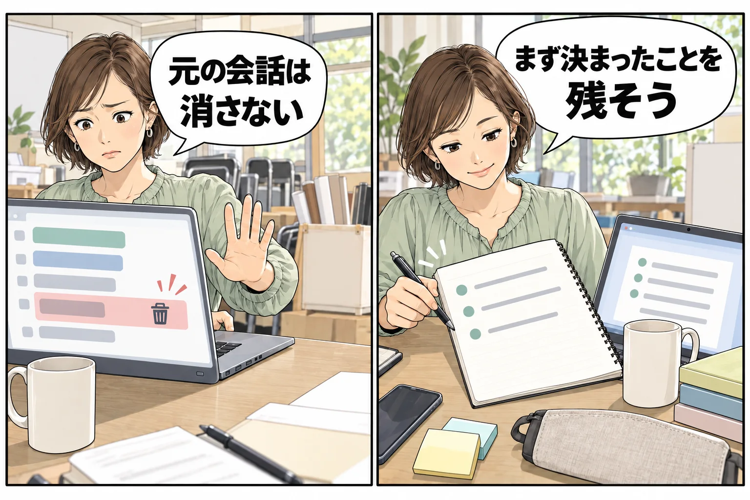 架空のイベント担当者が元の会話を消さず、決定事項を手元に残す漫画