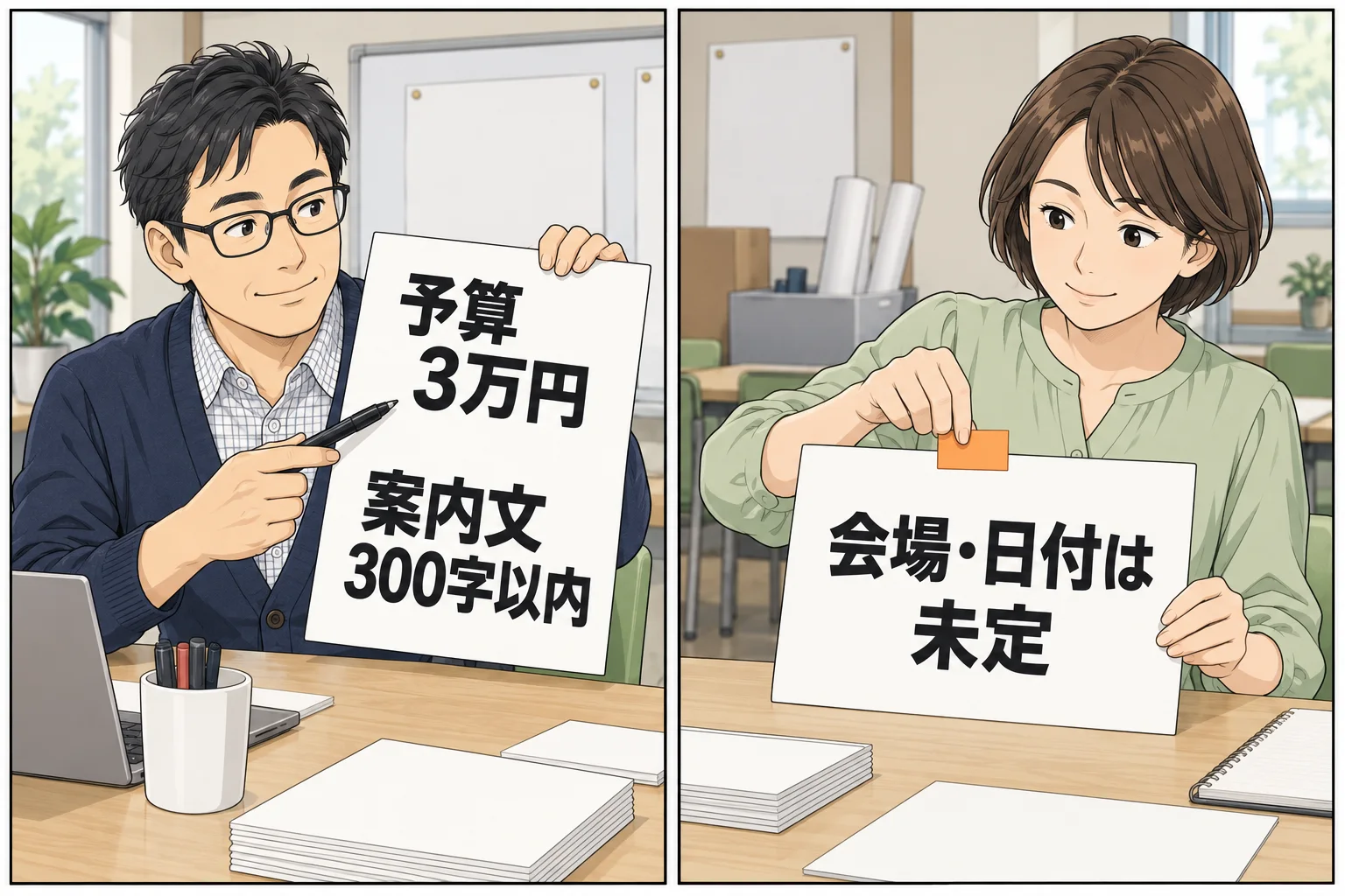 予算3万円・案内文300字以内と、会場・日付未定を別のカードに整理する漫画