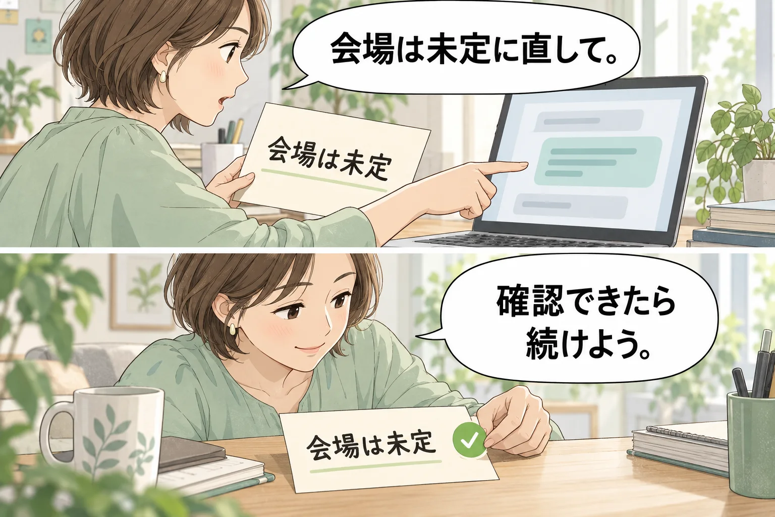 元のメモと新しい返答を比べ、会場は未定と修正してから再開する漫画
