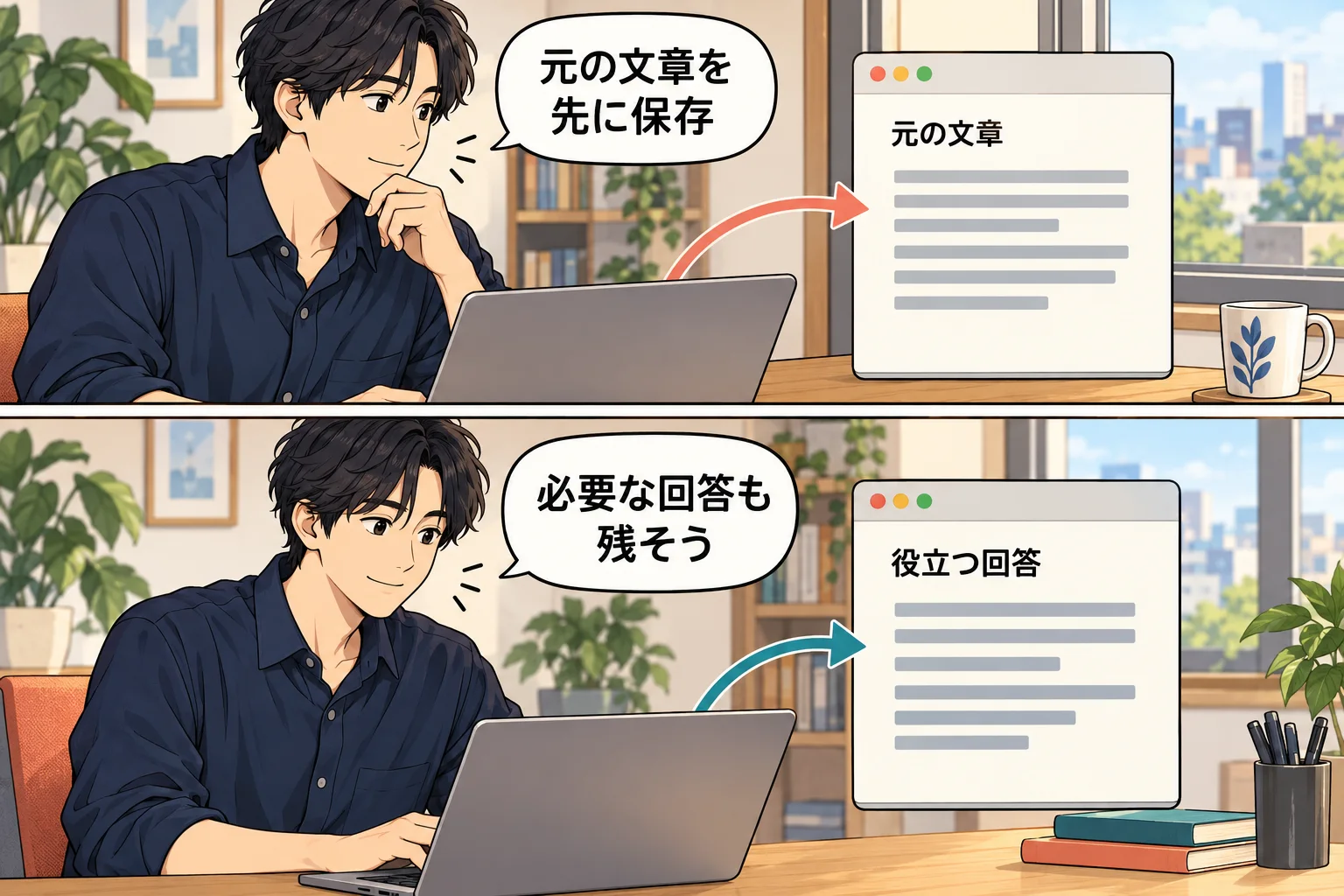 自分の元の文章と、後から使いたい回答を別々に控える架空の漫画