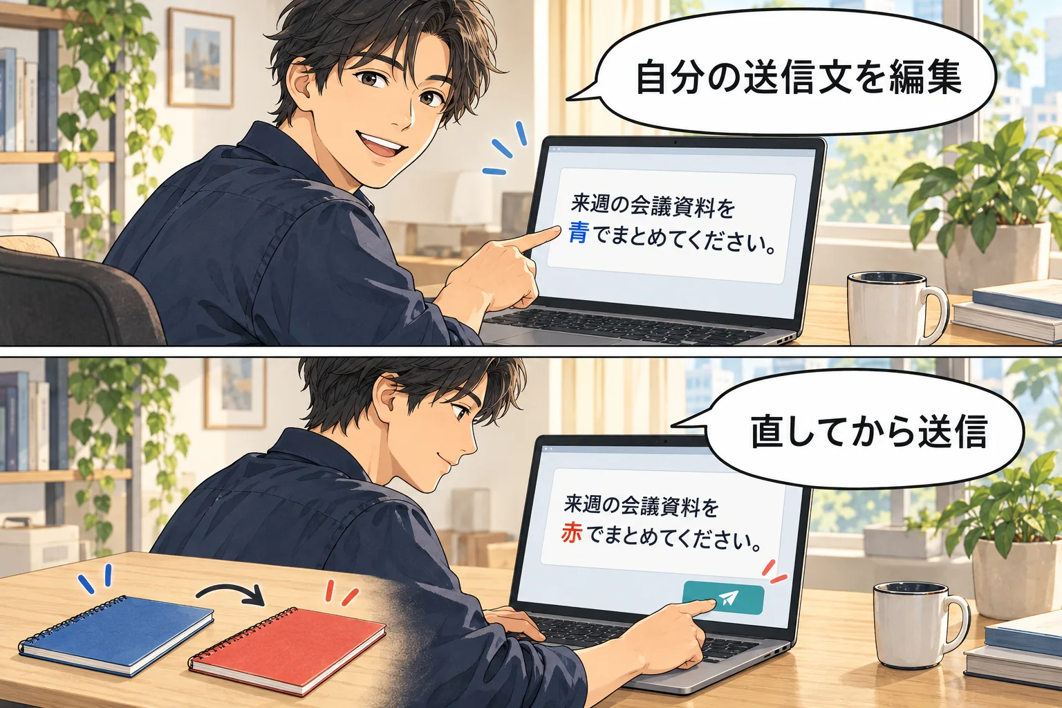 自分の送信文を選び、変更したい部分を直して送る架空の漫画