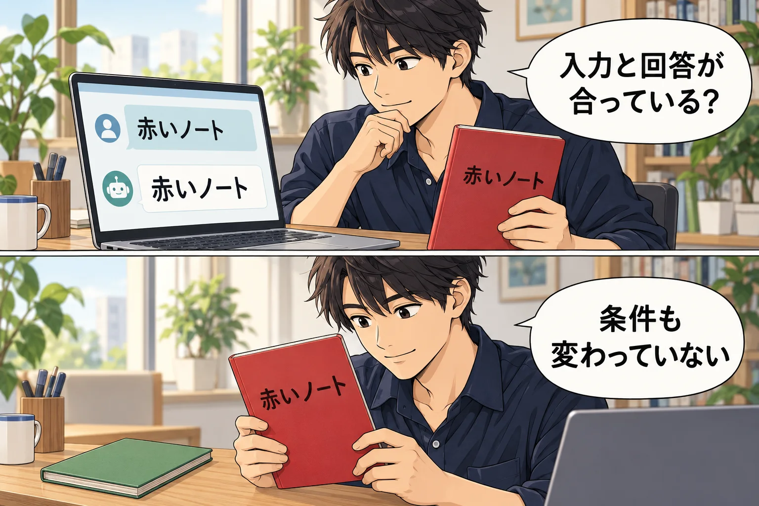 編集後の入力と回答を比べ、ほかの条件が変わっていないかも確認する架空の漫画