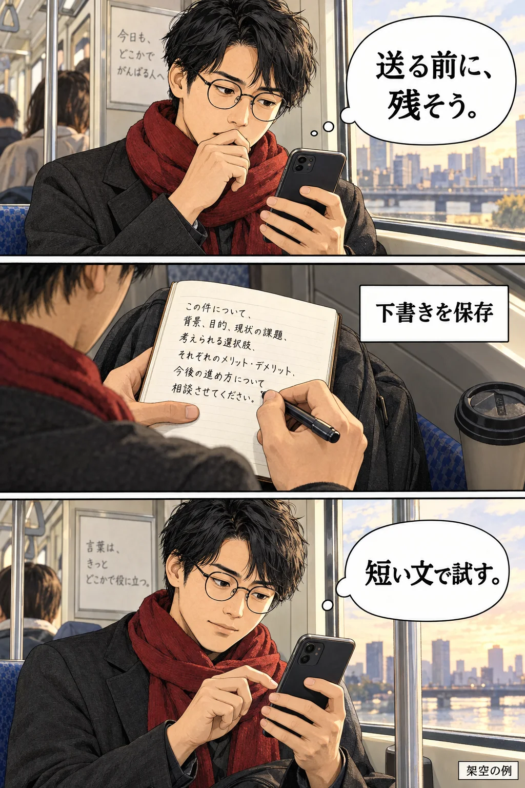 通勤中の担当者が、送信する前に長い下書きをメモへ残す漫画