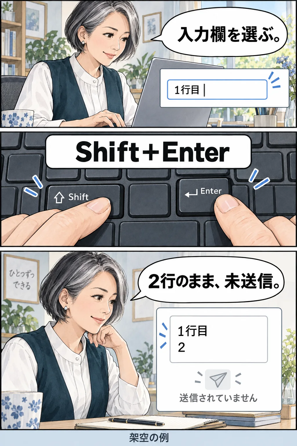 PCの担当者がShiftを押しながらEnterを押し、送信せず2行を確認する漫画