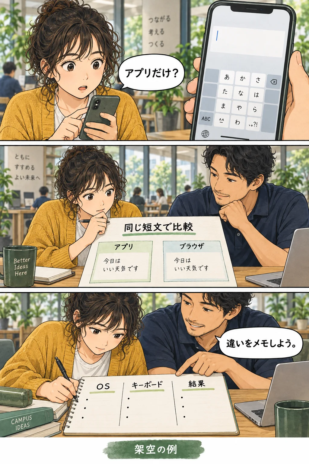 Android利用者が、同じ短文でアプリとブラウザを比べ、結果を相談メモへ残す漫画
