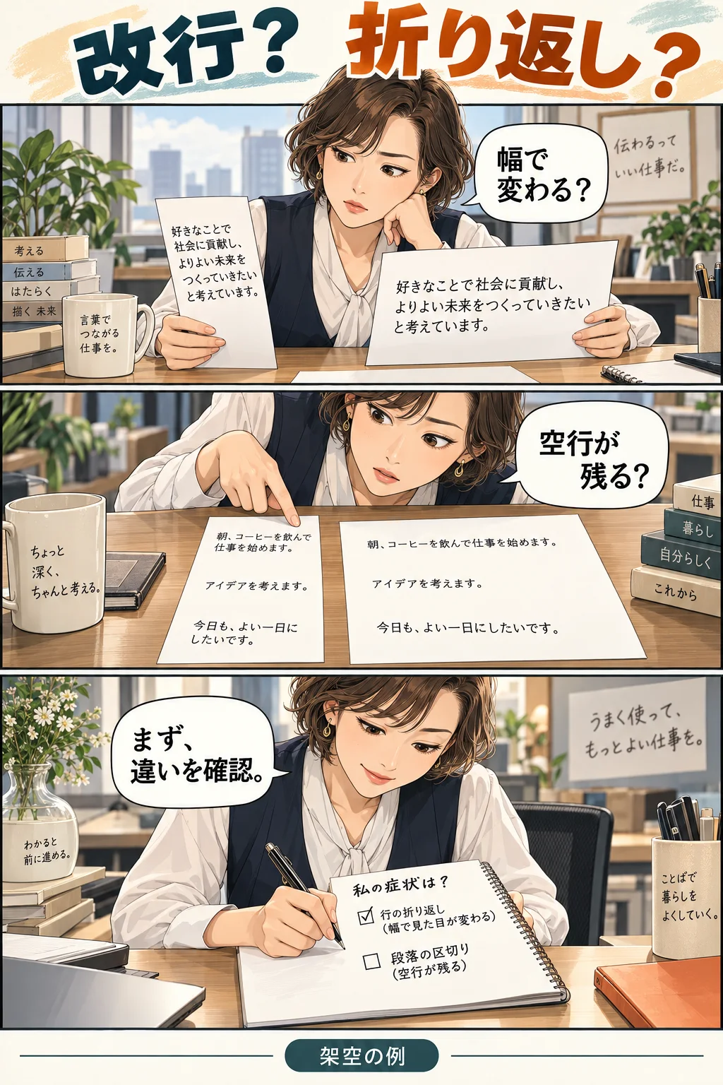 狭い紙と広い紙で折り返しを比べ、空行との違いを確かめる漫画
