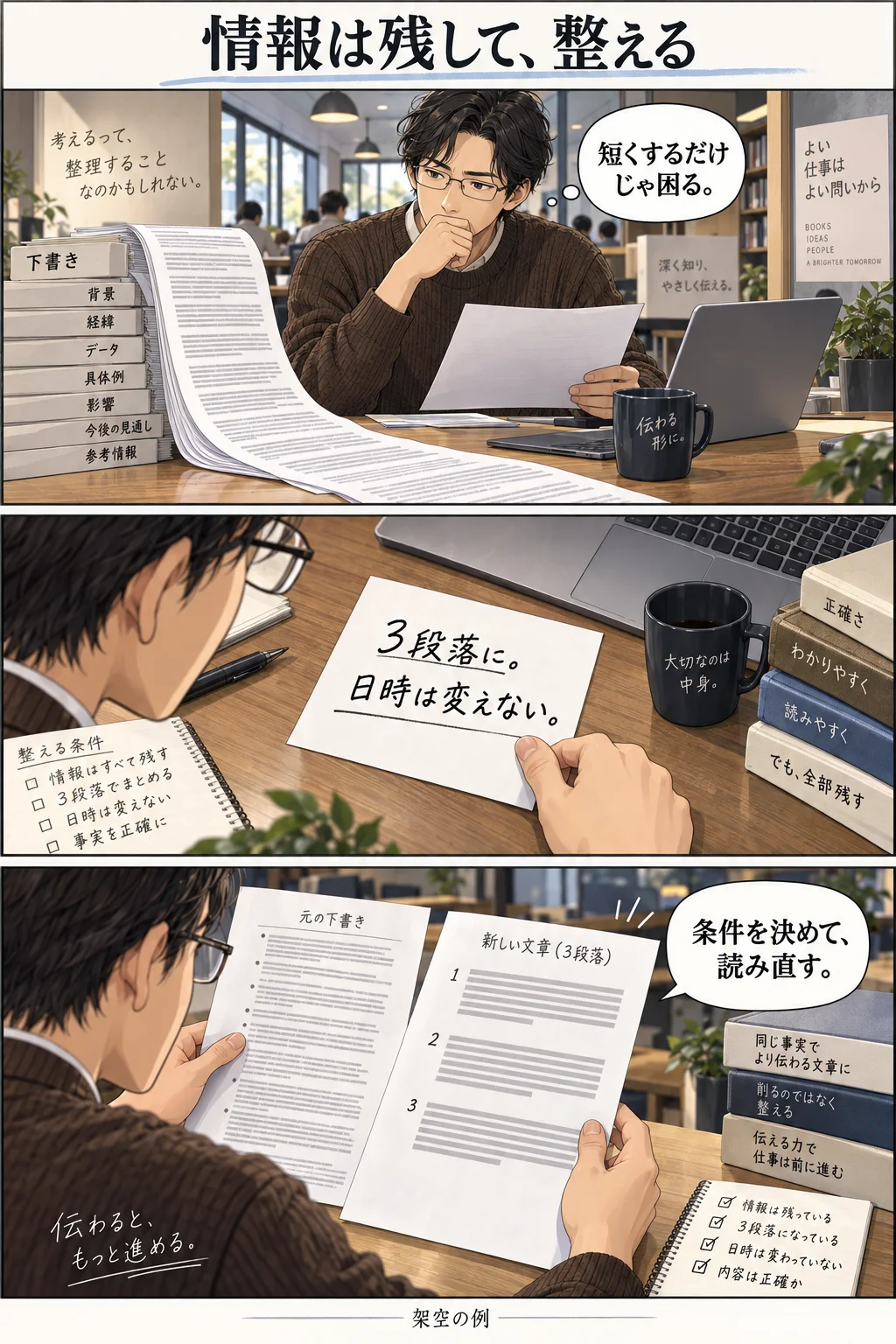 3段落という条件と日時を変更しない条件を、元の資料と一緒に確認する漫画