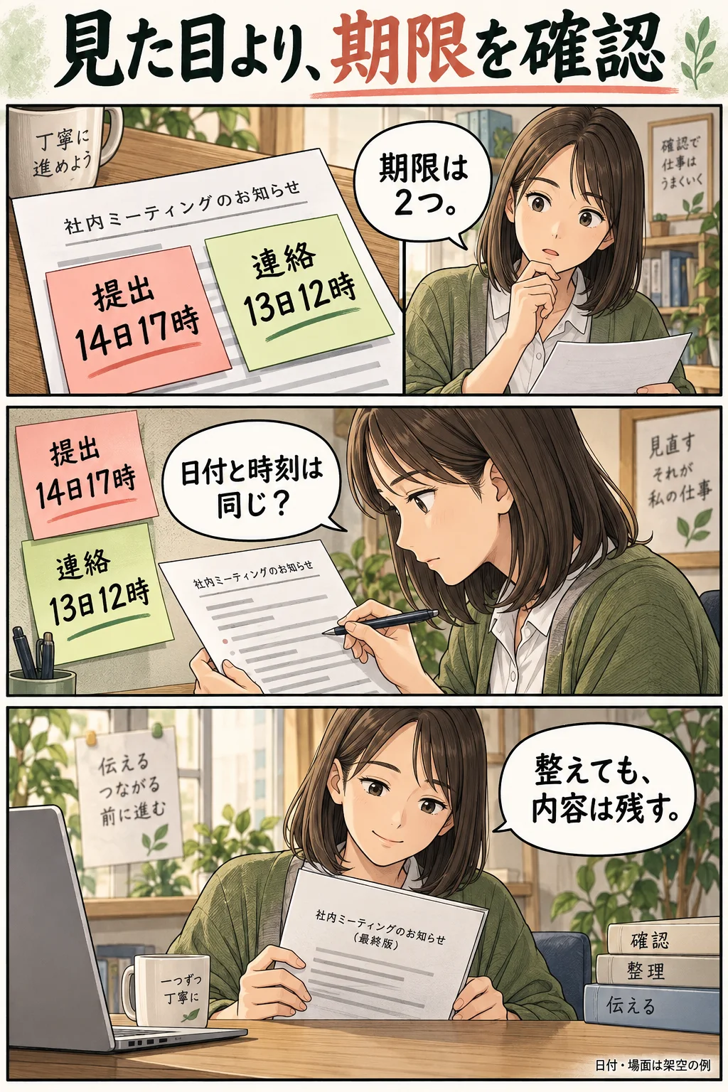 見た目が整ったあとに、提出期限と連絡期限を元の文章と照合する漫画