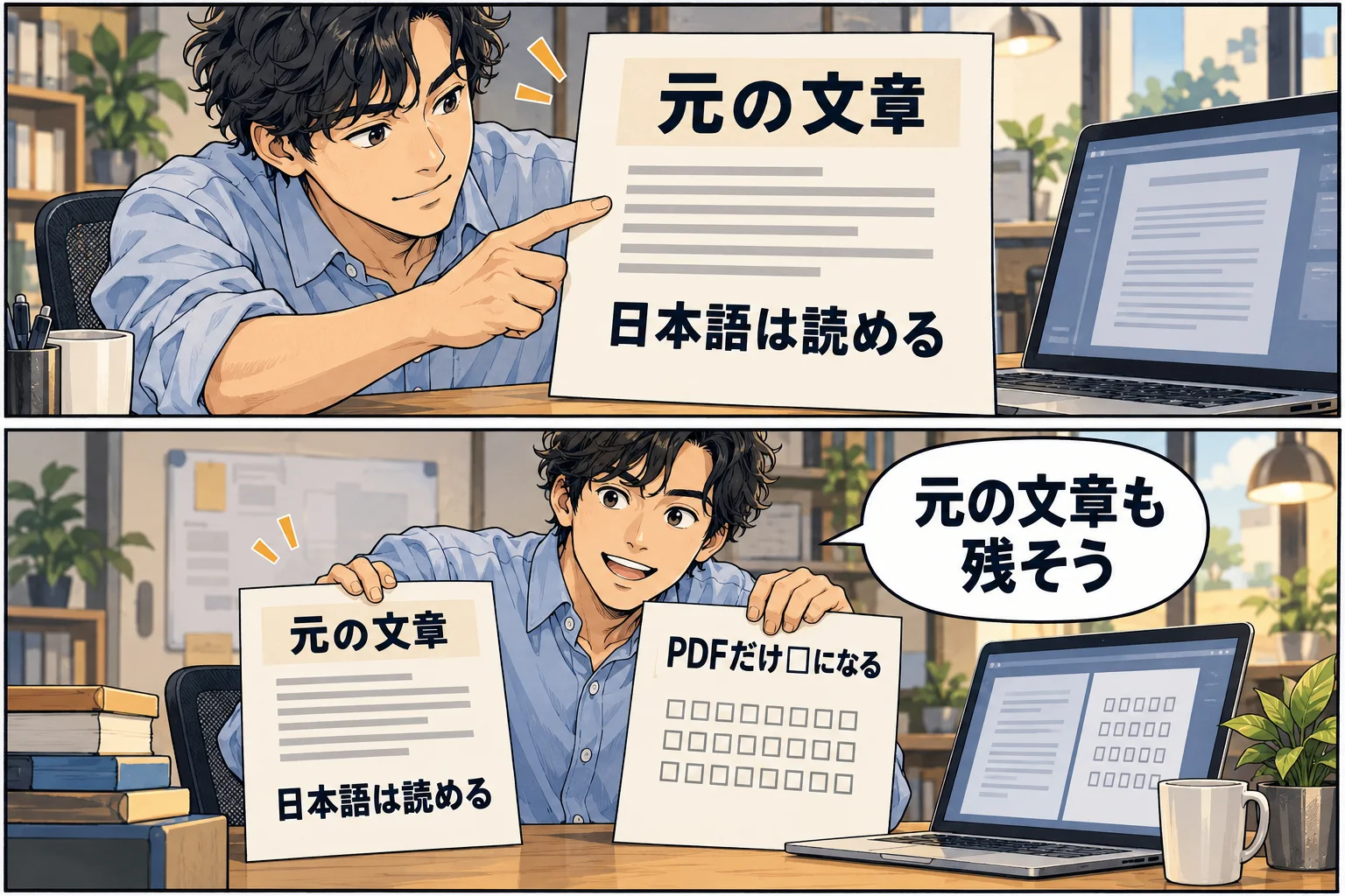 正常な元の文章と、日本語が四角になったPDFを別々に残す架空の漫画例