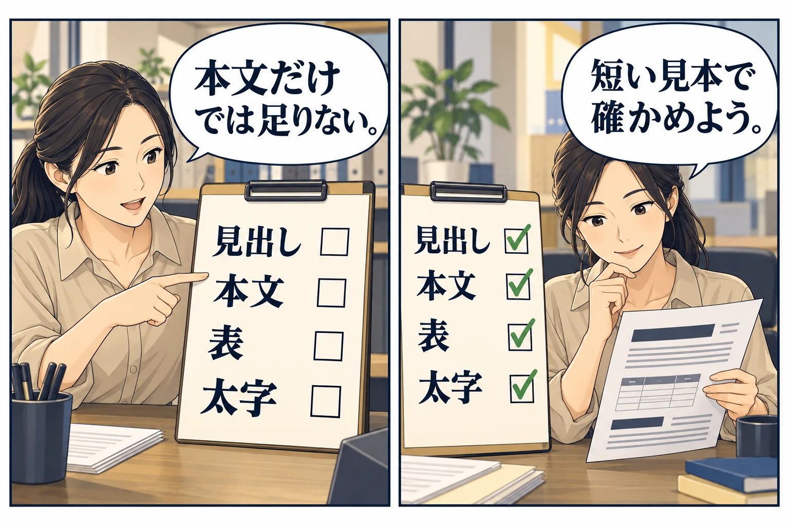 本文だけでなく見出し・表・太字も短い見本で確認する架空の漫画例