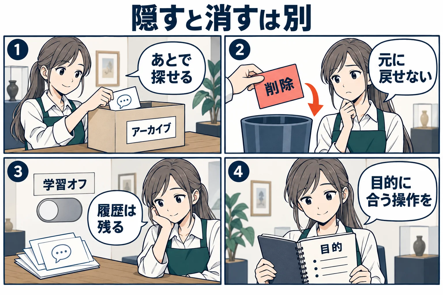 アーカイブは後で探せる、削除は戻せない、学習オフでも履歴は残るという違いを説明する架空例