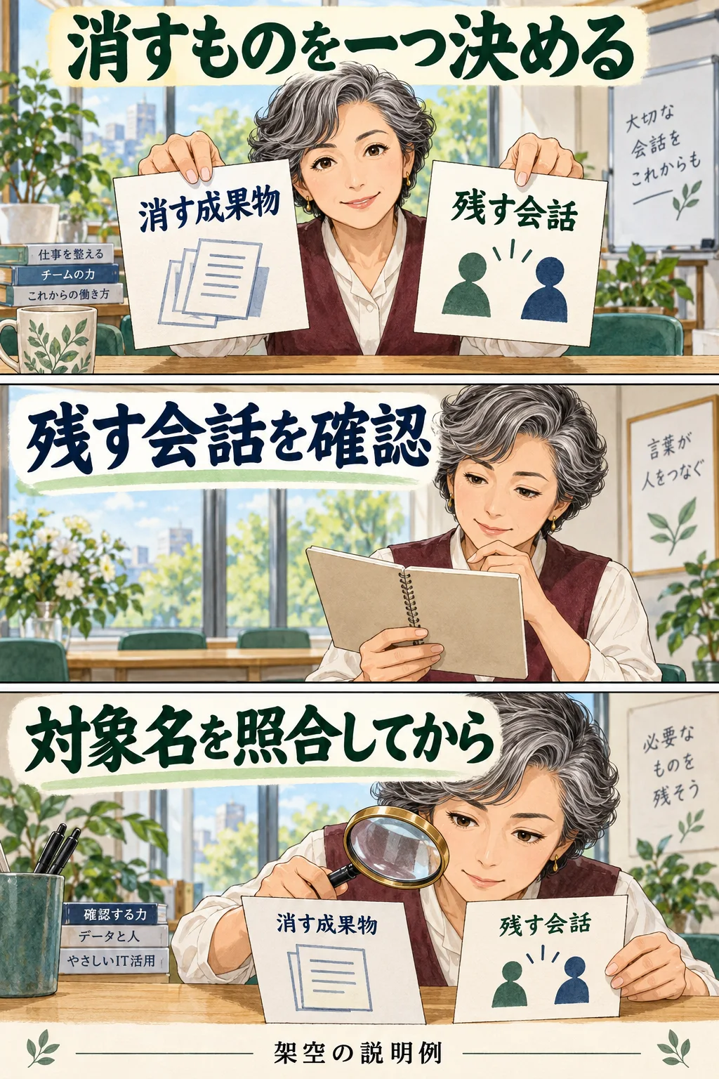 消す成果物と残す会話を分け、対象名を照合する架空の漫画