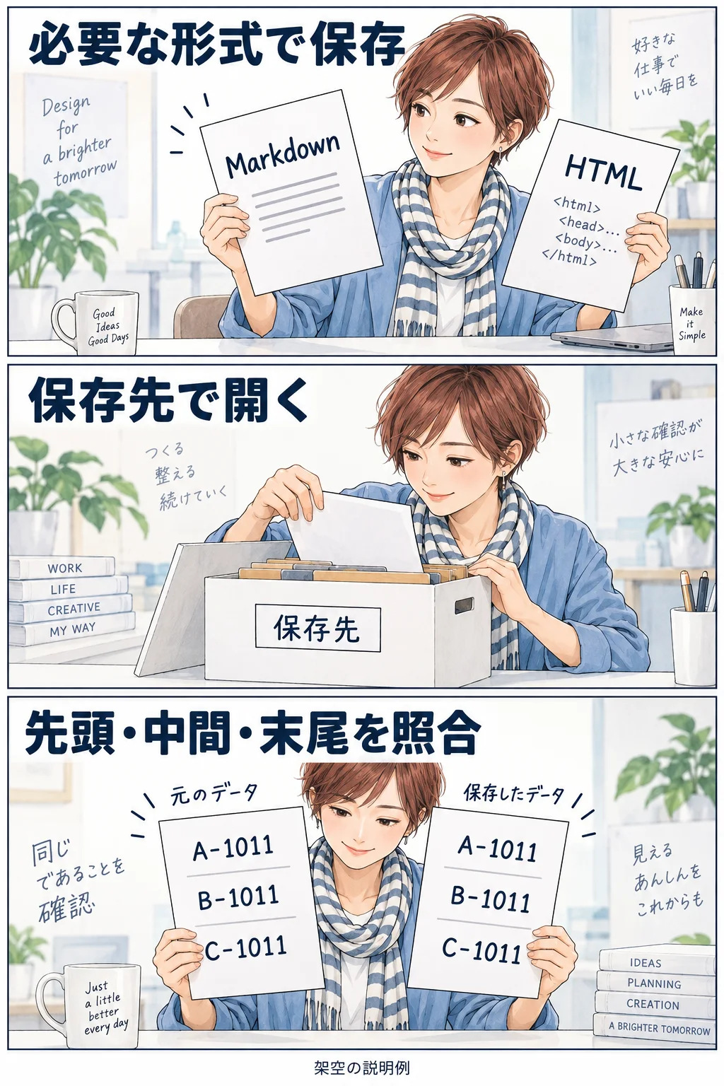 形式を選んで保存先で開き、三つの目印を照合する架空の漫画