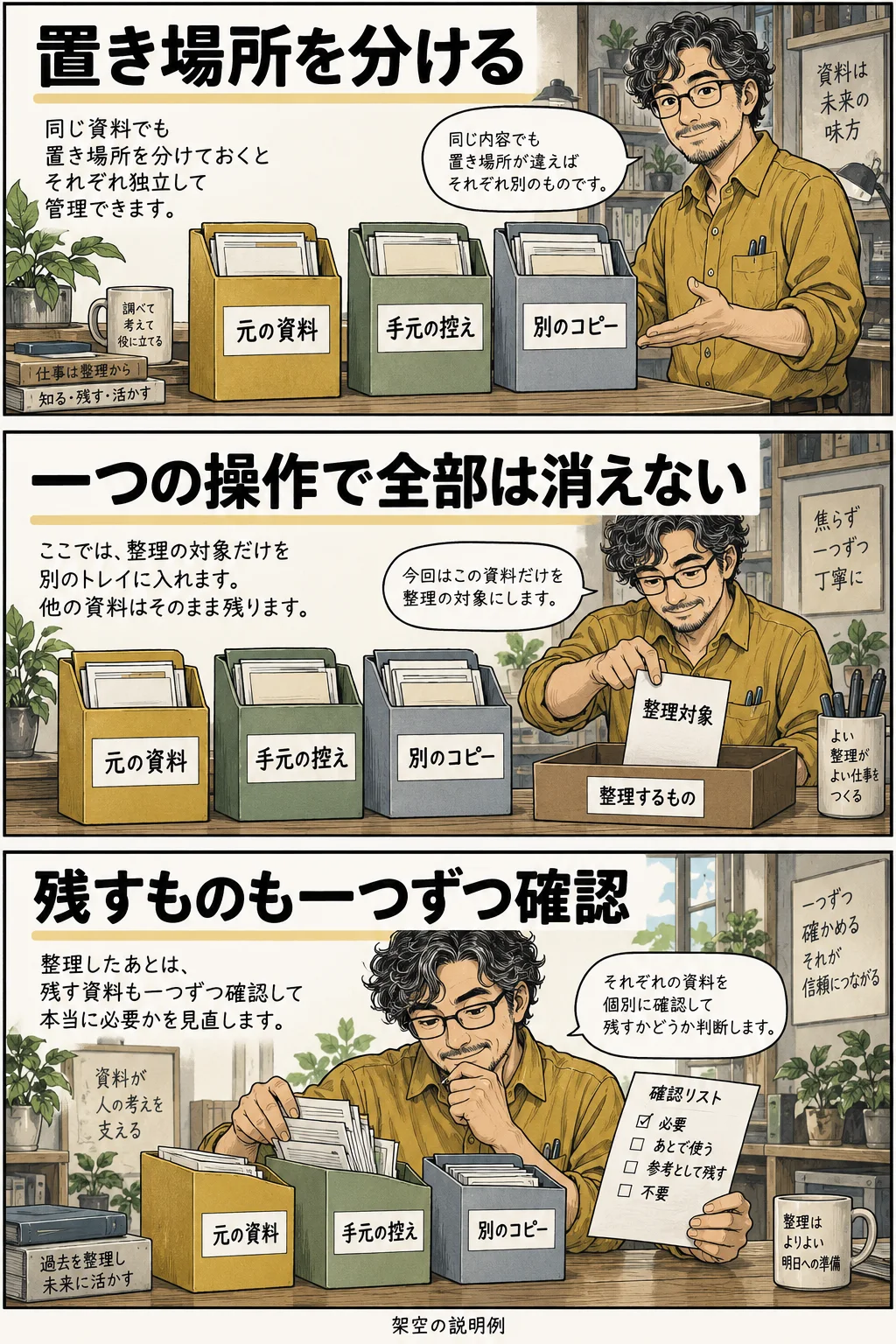 元の資料、手元の控え、別のコピーを置き場所ごとに確認する架空の漫画