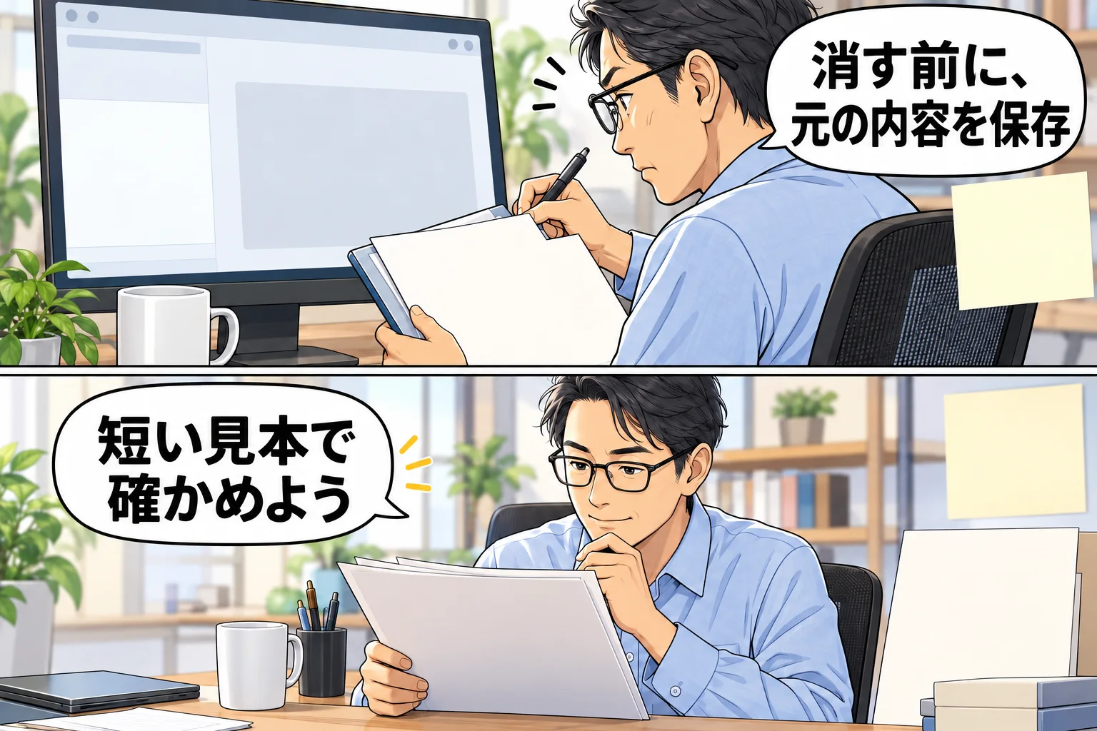 元の内容を保存してから短い見本で確認する架空の場面
