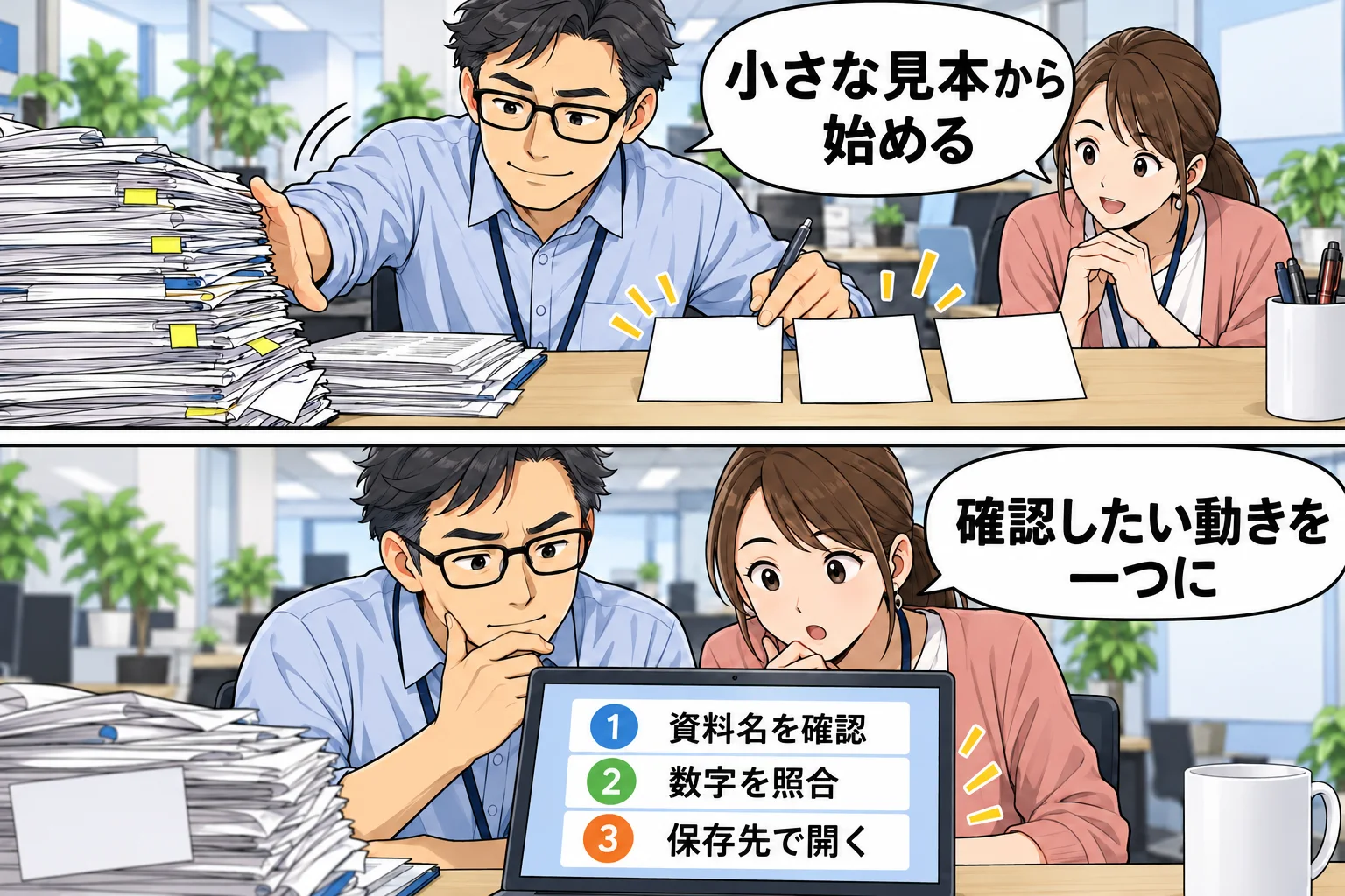 大量の資料ではなく三つの項目だけで動作を確かめる架空例