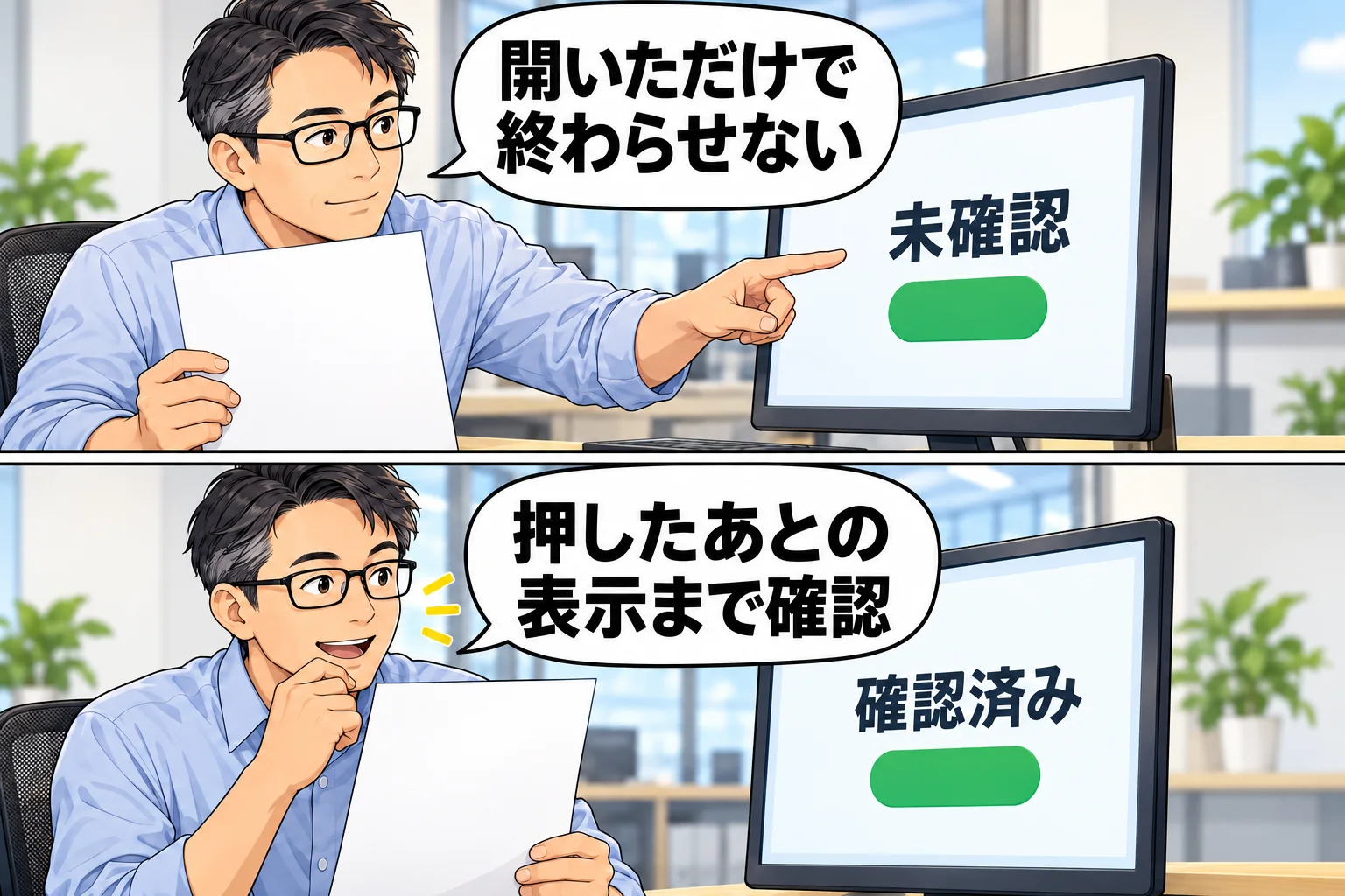 押す前と押したあとの表示を比べる架空の操作例