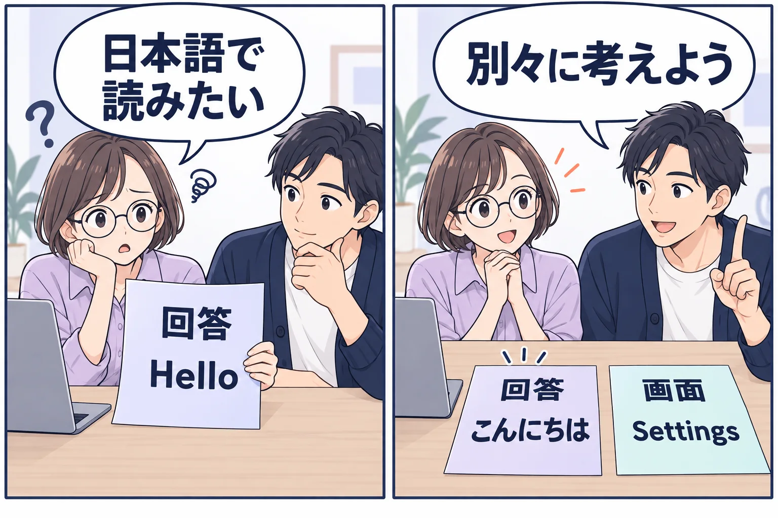 回答の言語と画面表示を二枚の紙で分ける架空の漫画