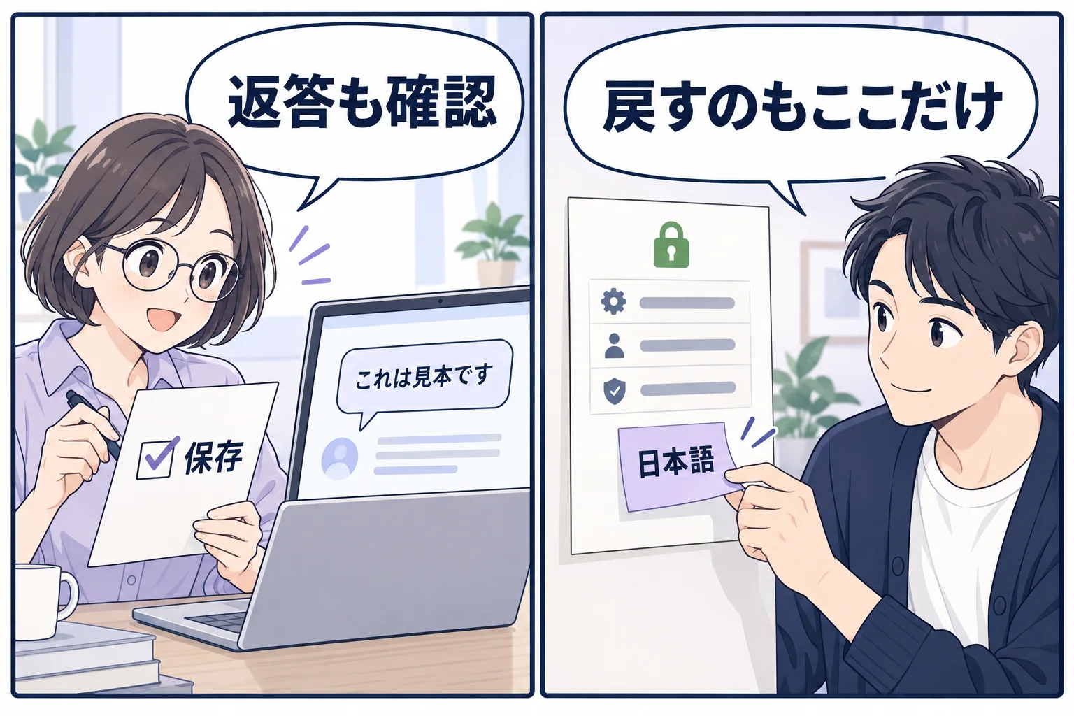 保存後の返答を確認し、戻す場合は追加箇所だけを外す架空の漫画