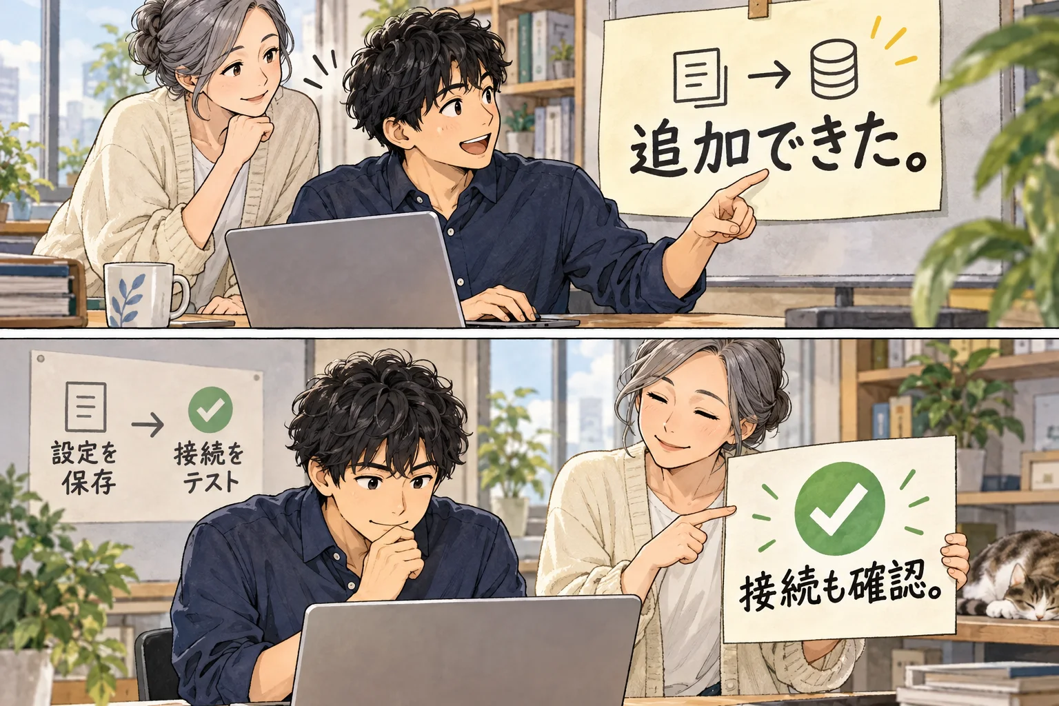 設定を追加したことと、接続状態を確認することを分ける架空の漫画