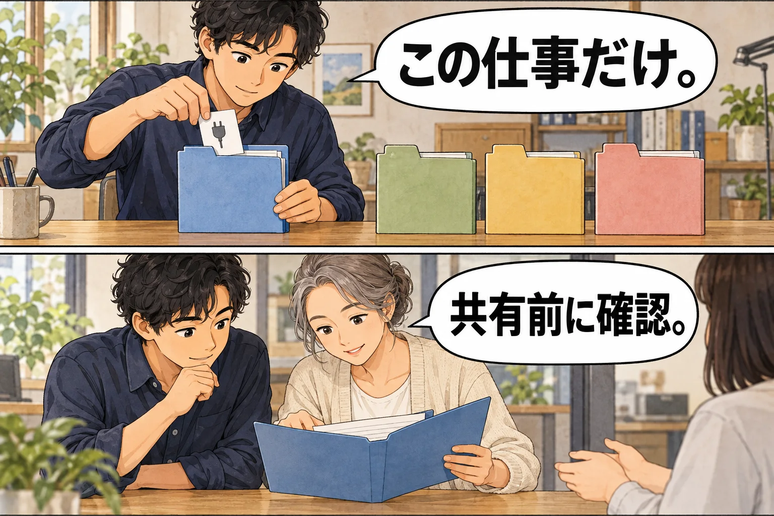 一つの仕事に絞って使うことと、共有前に内容を確認することを示す架空の漫画