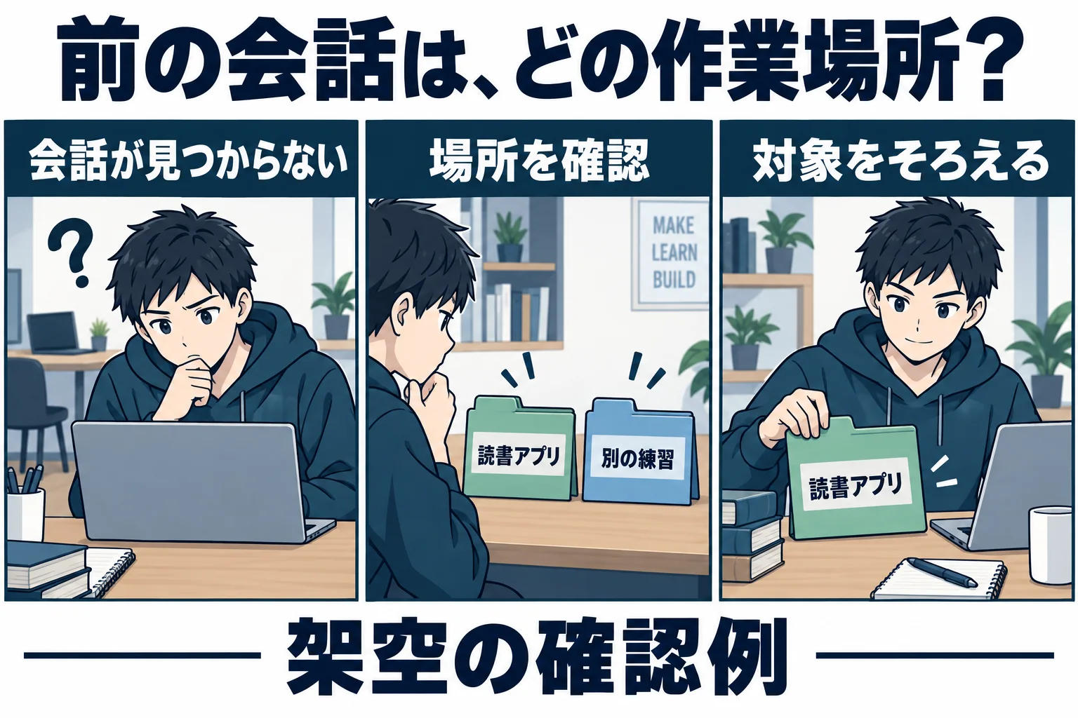 前の会話の作業場所を二つのフォルダーと照合する架空の漫画
