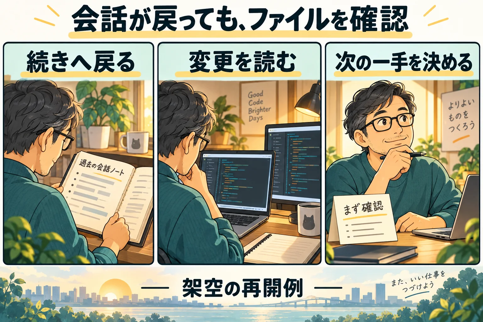 会話を再開した後に現在の変更を読む架空の漫画