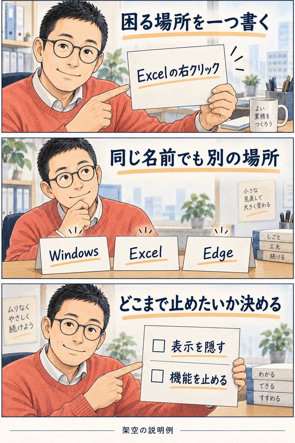 Copilotが出る場所と、表示・機能のどちらを止めたいかを紙で整理する架空の漫画