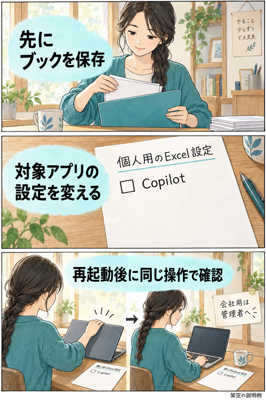 個人用Excelのファイルを保存し、Copilotだけの設定を変更して再起動後に確かめる架空の漫画