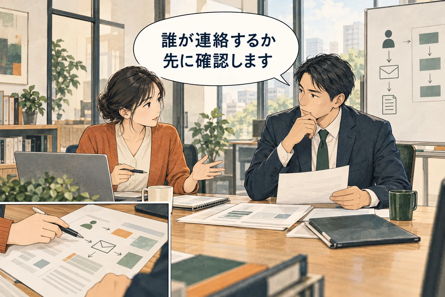 顧客への連絡や修正版の送付は、必要な確認と担当を決めて進めます。 架空の人物によるAI生成の解説漫画。