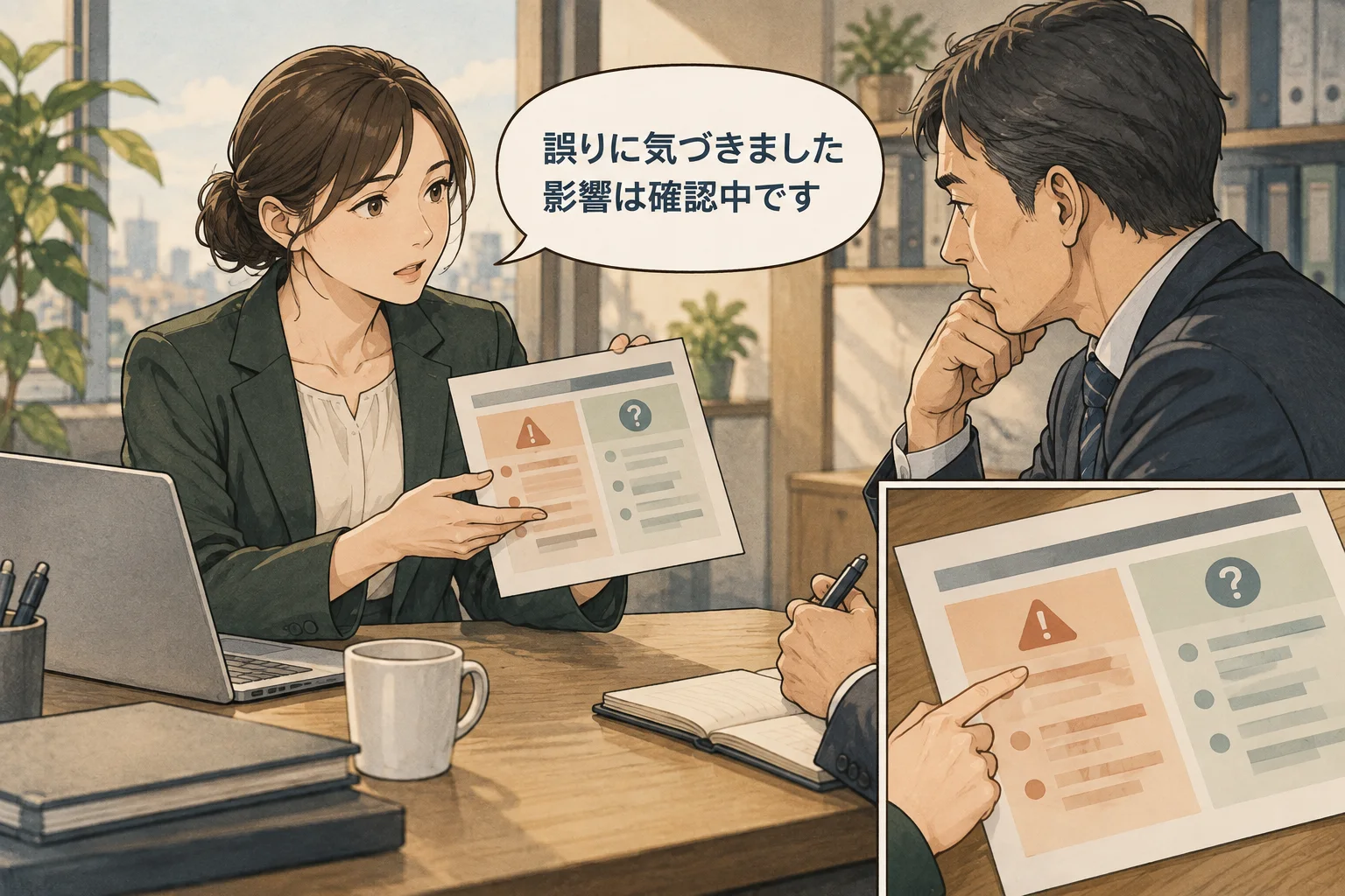 影響を断定せず、判明した誤りと未確認の範囲を最初に報告します。 架空の人物によるAI生成の解説漫画。