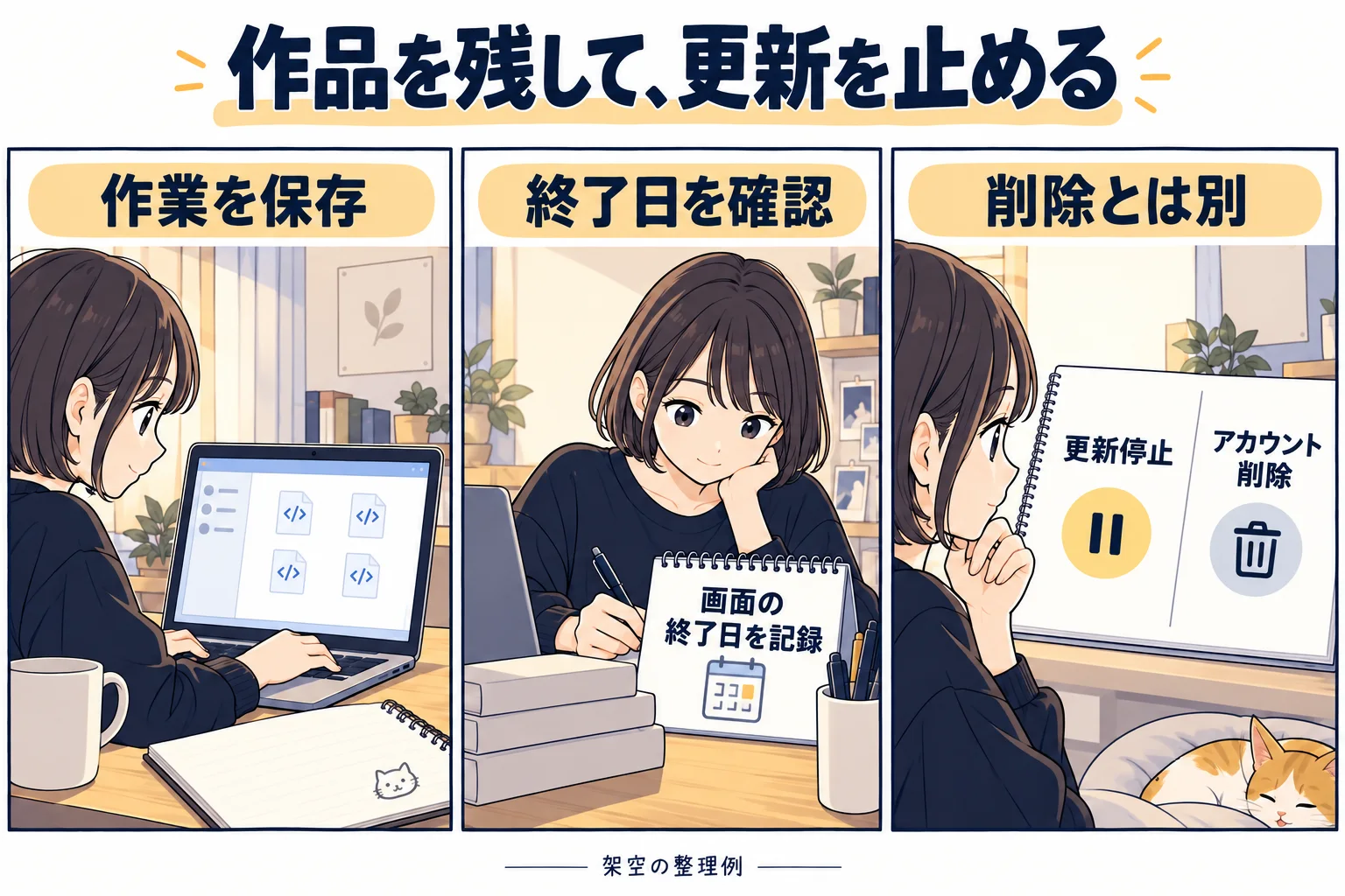 作業ファイルと終了日を整理する漫画
