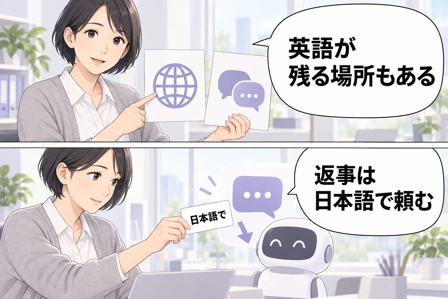 翻訳される画面と英語が残る場所を分け、返答は日本語で依頼する架空例