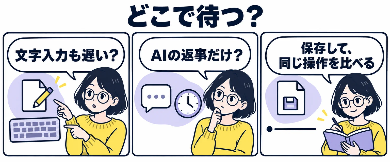 文字入力の遅れとAIの返答待ちを分け、作業を保存する架空の漫画
