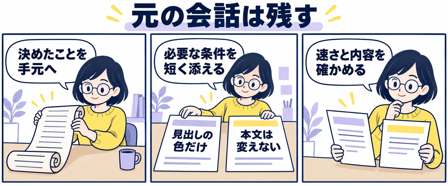 元の長い会話を残し、短い依頼と同じ条件で比べる架空の漫画