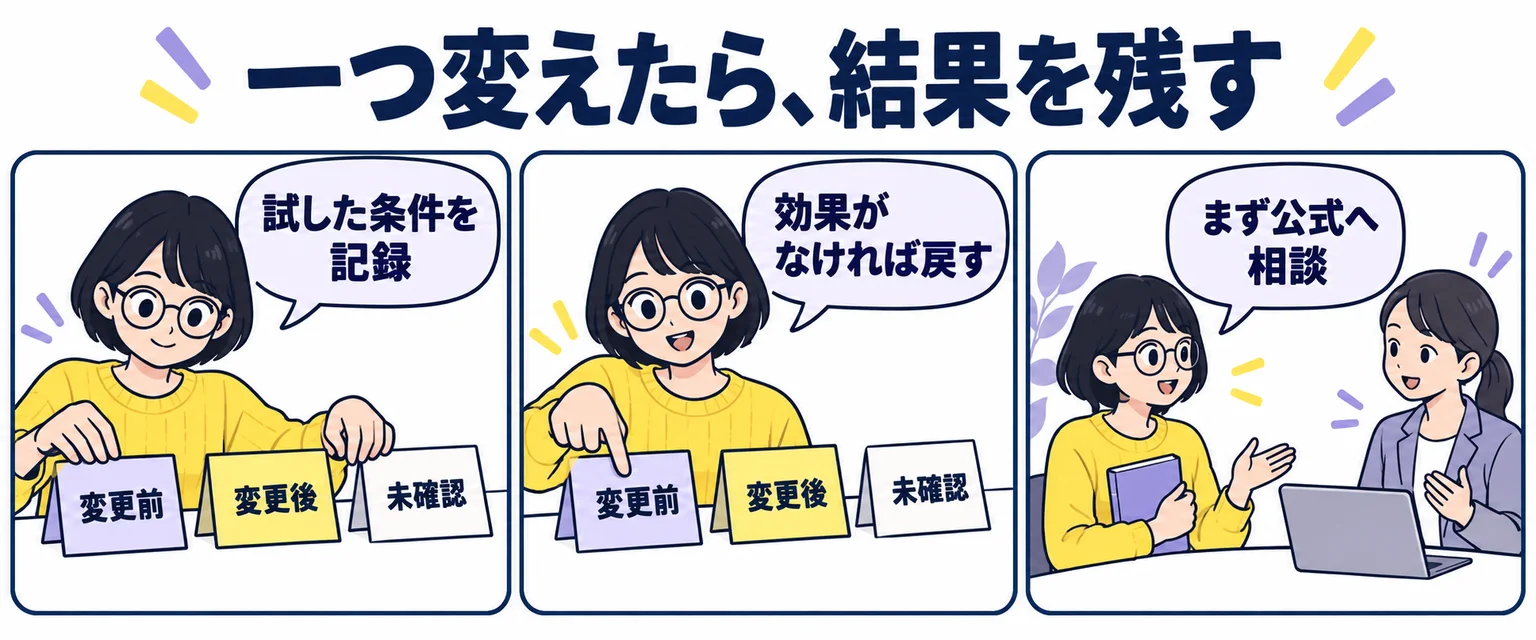 変更前・変更後・未確認を記録し、まず公式へ相談する架空の漫画