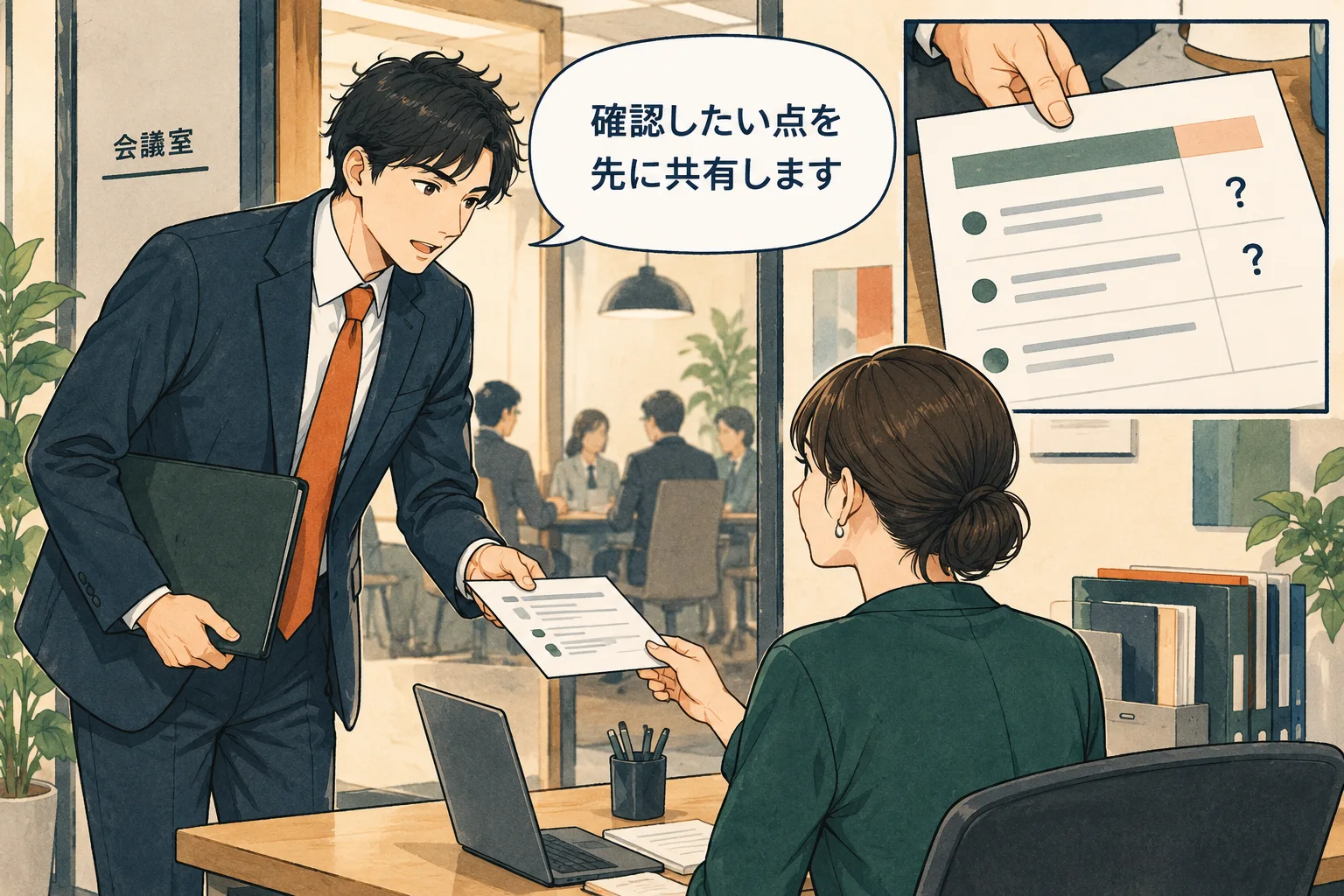 欠席しても必要な情報を渡し、会議後に決定事項を受け取る方法をそろえます。 架空の人物によるAI生成の解説漫画。