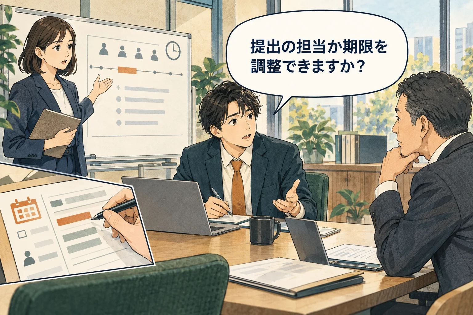 出席を変えられない場合は、重なっている仕事をどう調整するか、判断できる人へ相談します。 架空の人物によるAI生成の解説漫画。