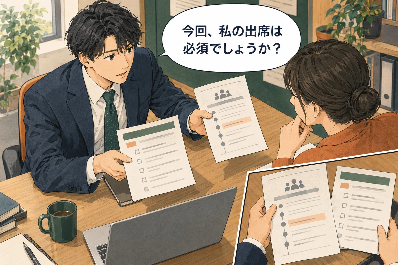 欠席を決める前に、参加条件と自分に期待される役割を確認します。 架空の人物によるAI生成の解説漫画。