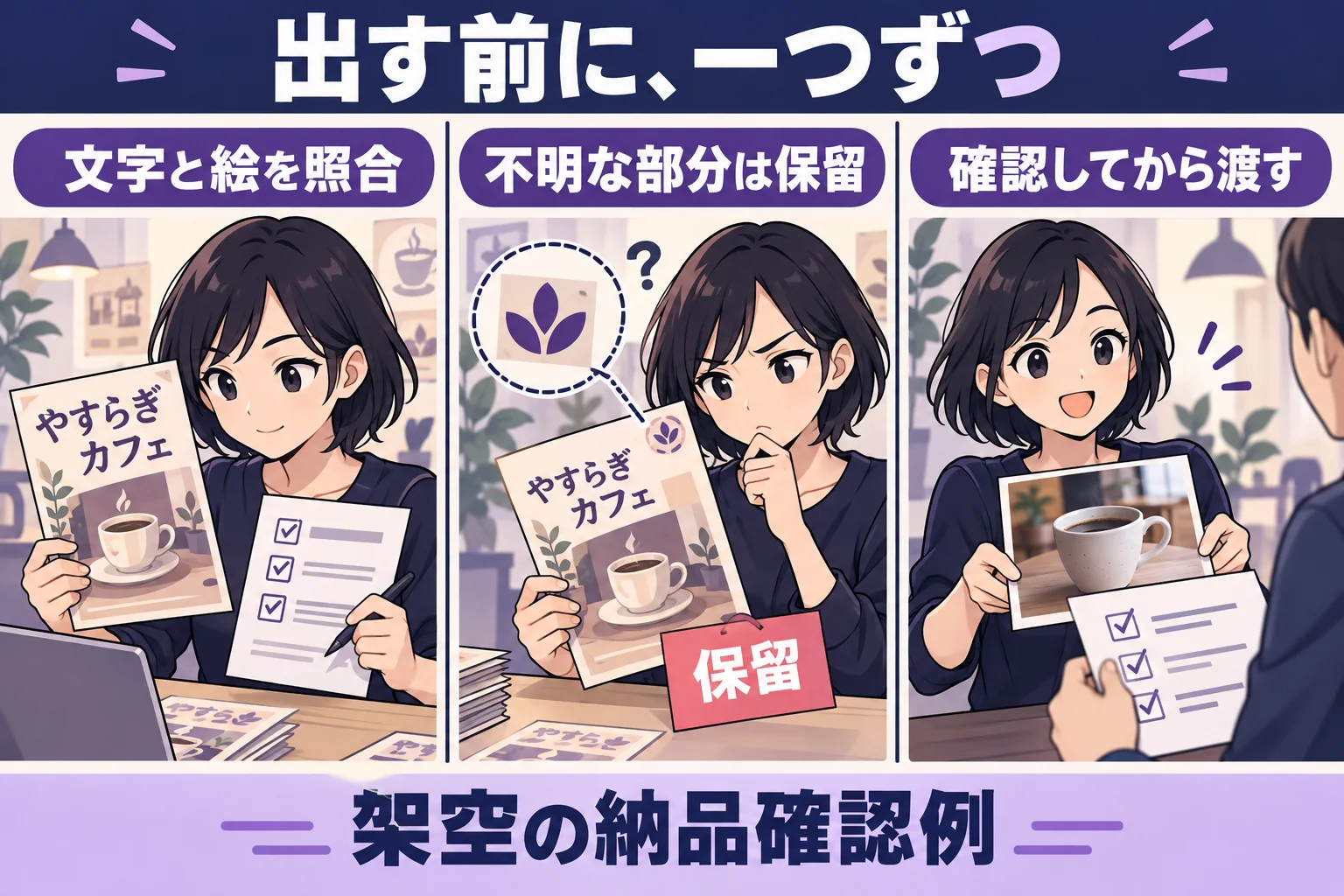 チラシを照合し不明な図柄を保留する架空の漫画
