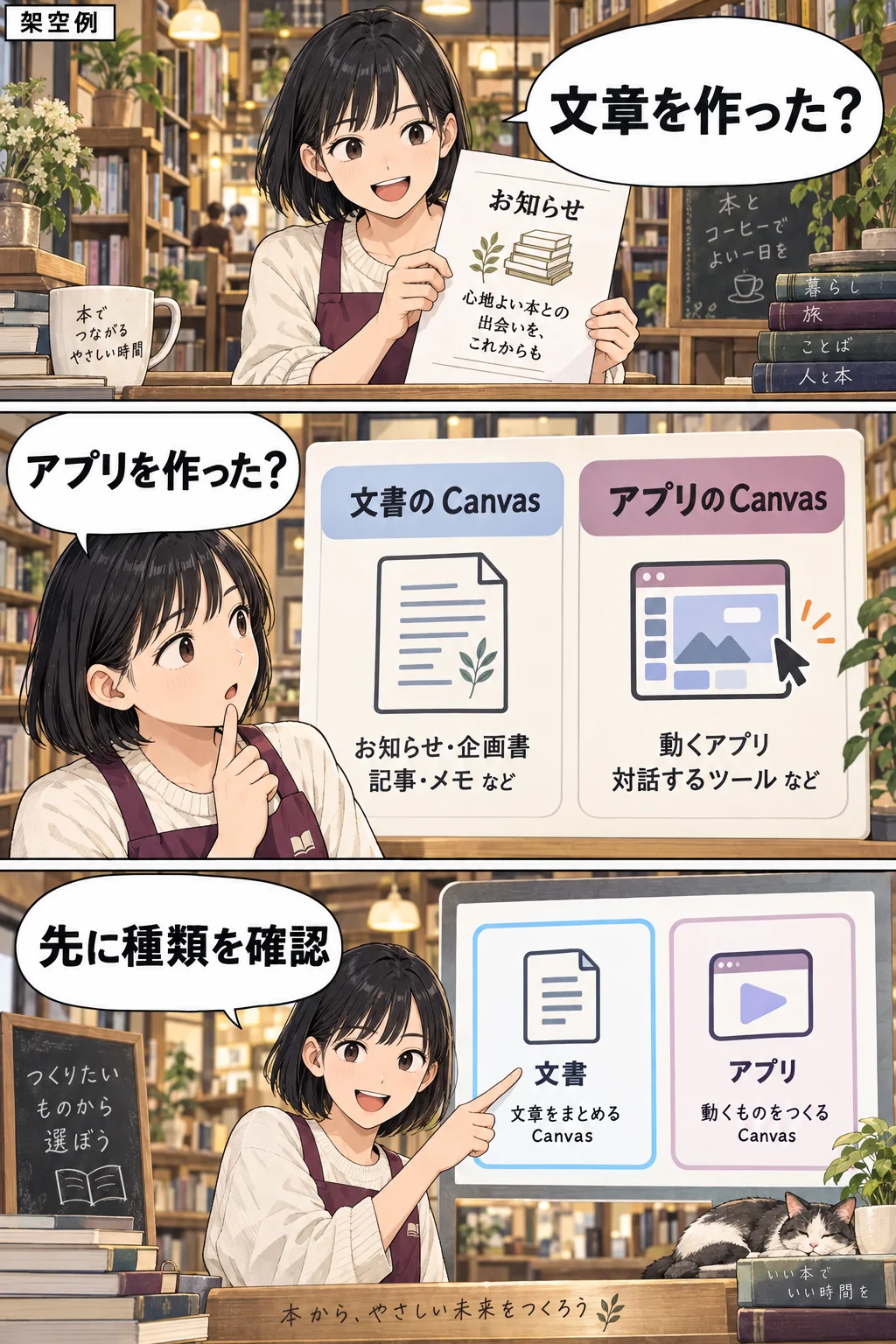 書店の店主が文書とアプリを分け、種類を先に確かめる架空の漫画