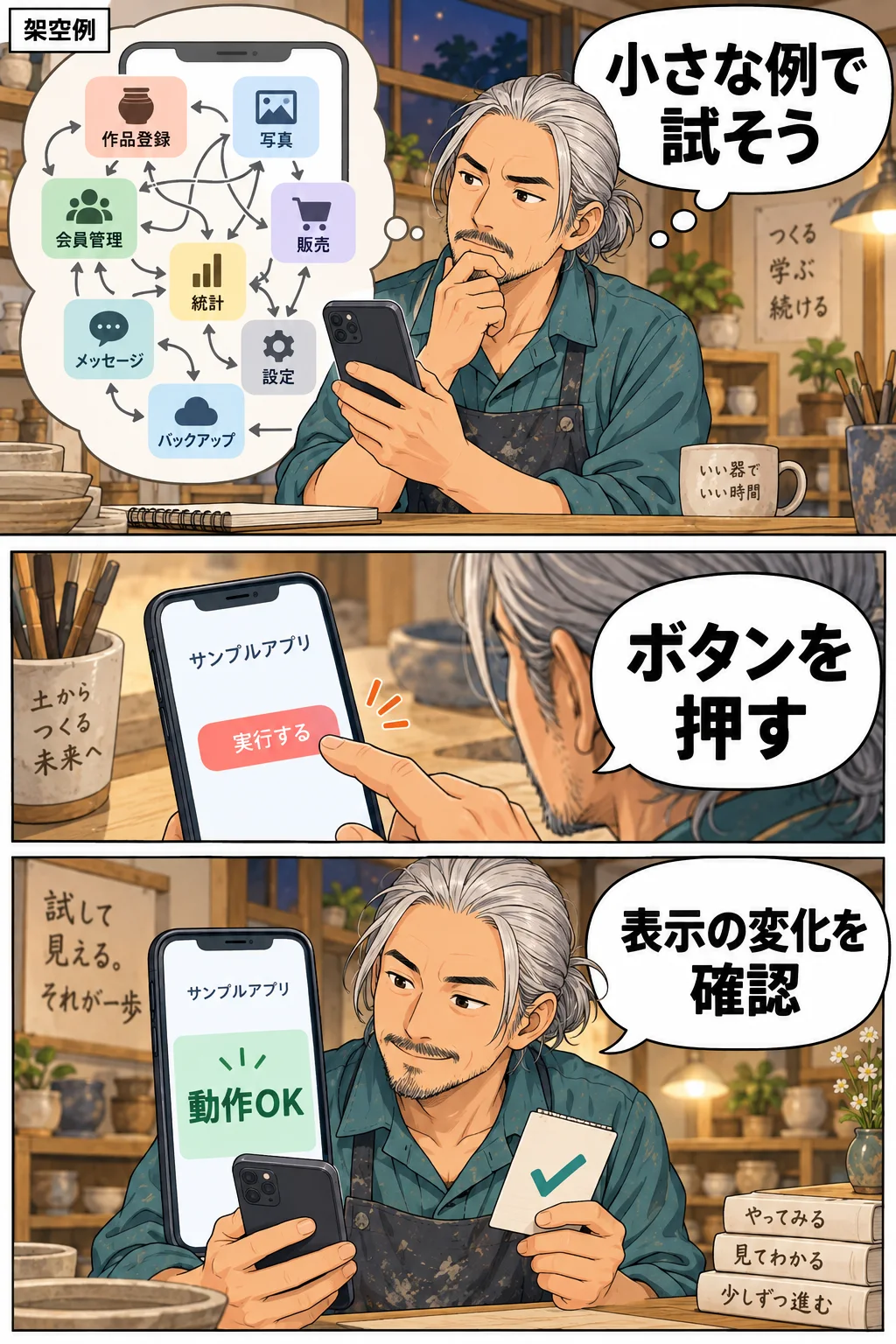 複雑なアプリを保留し、小さな例のボタンと結果を確かめる架空の漫画