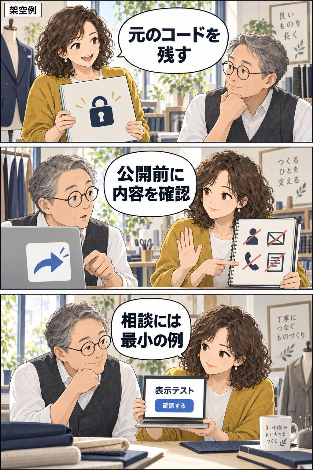 元のコードを残し、相談には個人情報のない小さなアプリを使う架空の漫画