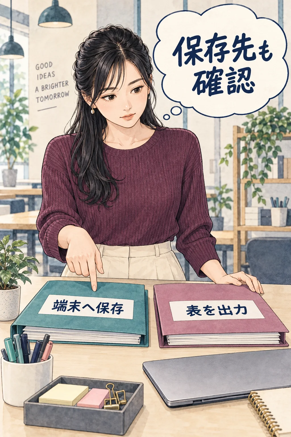ファイルの直接保存と、表を別の保存先へ出す方法を分ける架空例