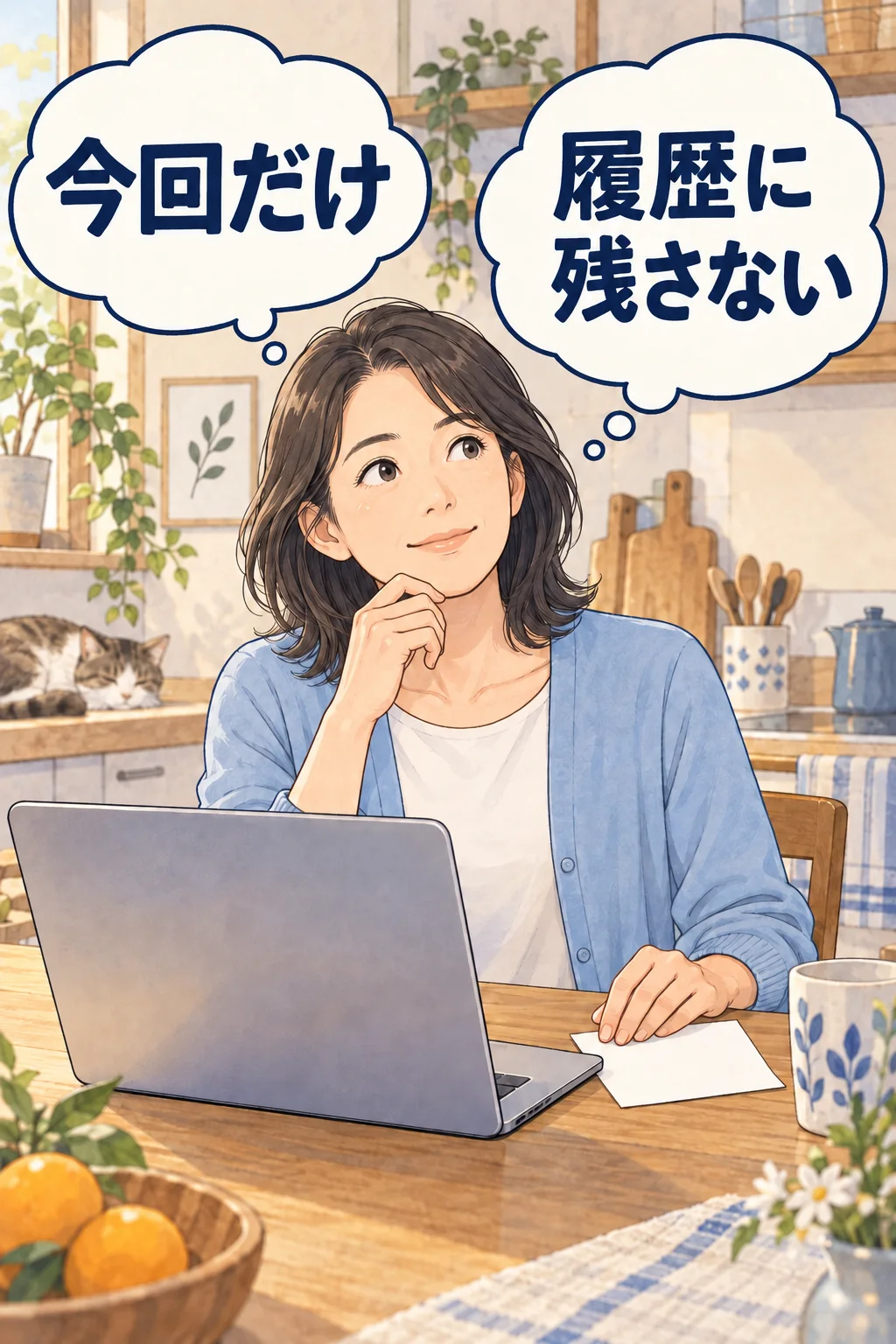 一回だけの会話を選ぶことを手元のメモで確かめる架空の漫画