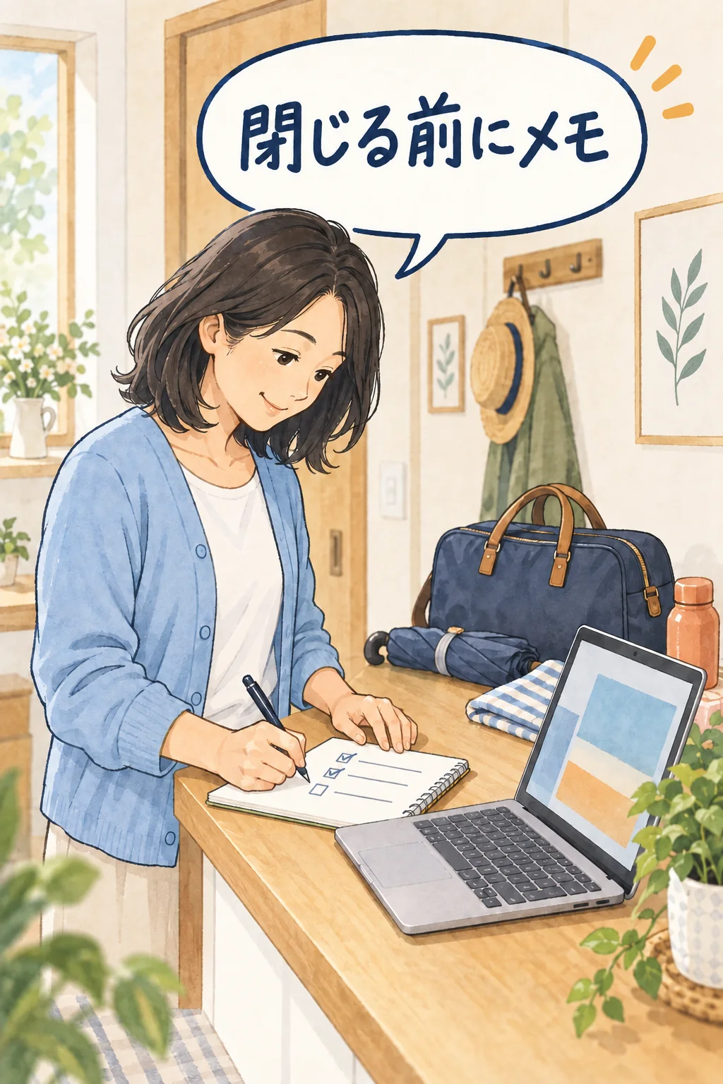 会話を閉じる前に必要な回答をノートへ残す架空の漫画